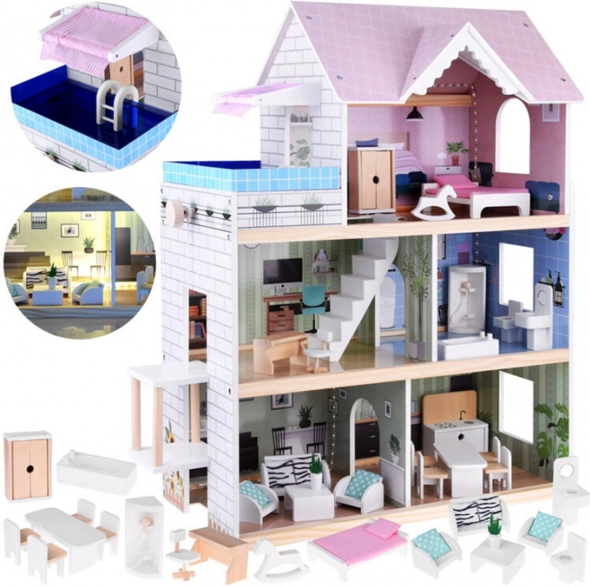 Houten poppenhuis met zwembad, lift en meubels