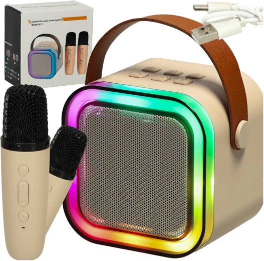 Karaoke-Set mit Bluetooth-Lautsprecher, 2 Mikrofonen und LED-Beleuchtung 6 W – beige