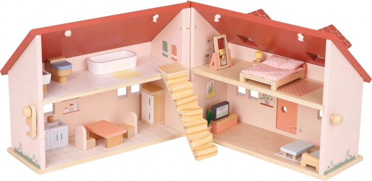 Opvouwbaar houten poppenhuis met meubels