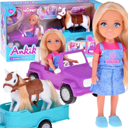 Woopie poupée Niki avec cheval, voiture et remorque