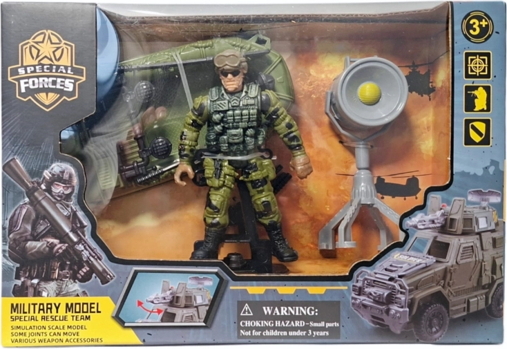 Ensemble militaire avec figurine de soldat, véhicule et accessoires