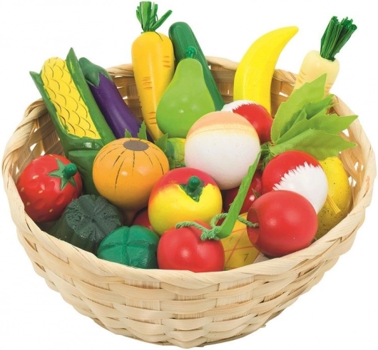 Wooden fruit and vegetables in a basket