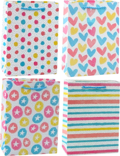 Bunte Geschenktasche Herzen, Sterne, Punkte, Streifen