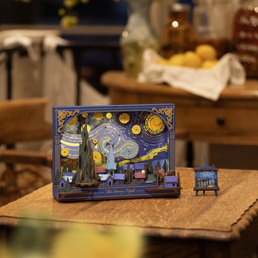 Gelaagde 3D-scène met decoratieve standaard