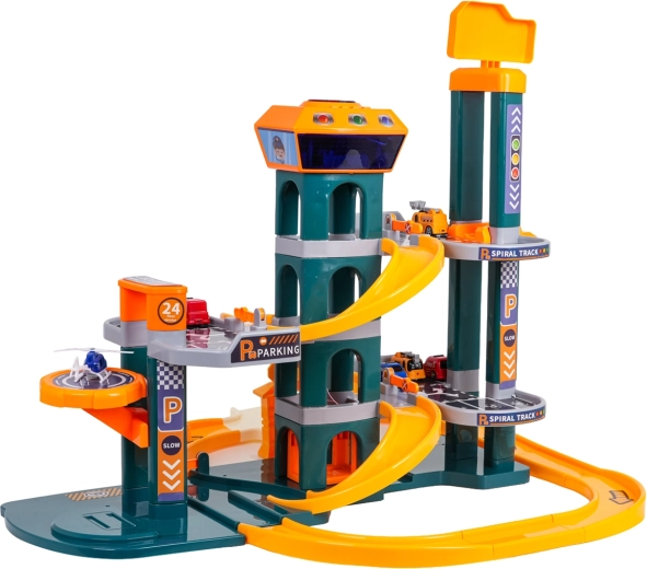 Zweistöckiges Parken und Spiralstrecke