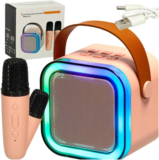 Karaoke-Set mit Bluetooth-Lautsprecher, 2 kabellosen Mikrofonen und LED-Beleuchtung 6 W – rosa