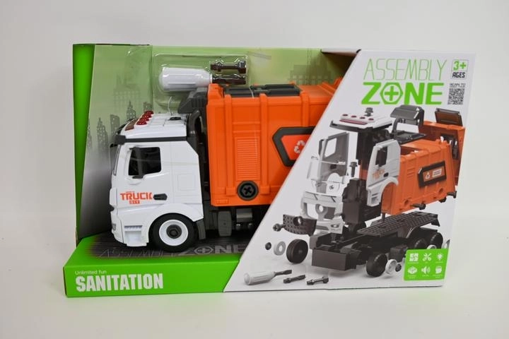 Kids’ battery-powered garbage truck to assemble with screws, lights and sound