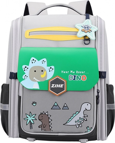 School Backpack with Dinosaur Motif and Chest Strap Gray-Green 21L
