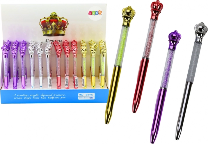 Ballpoint pen with crown and sparkling stones, blue ink 0.7 mm, assorted colors