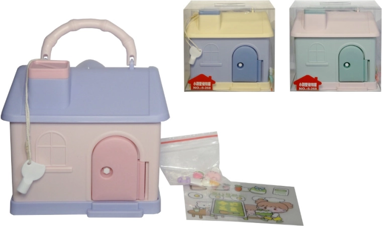 House-shaped money box with key and handle for kids