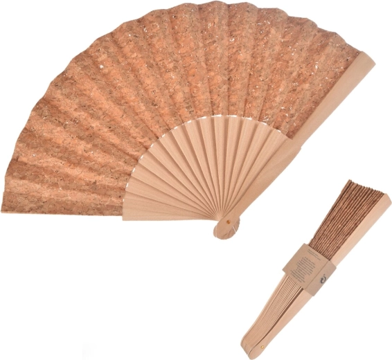 Cork and wood hand fan 23 cm