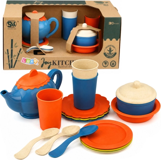 Kinder-theeservies van bamboevezel (15-delig), blauw-oranje