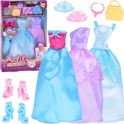 Set of Fashion Outfits for Dolls with Dresses, Jewelry, and Accessories