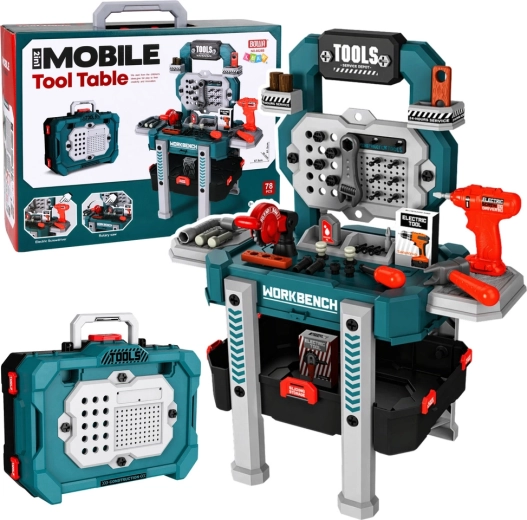 Children’s 2-in-1 tool workbench (case + workshop) with cordless screwdriver, 78 pieces