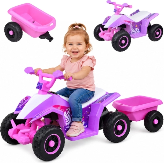 Children's battery-powered electric quad bike with trailer featuring light and sound effects – Pink