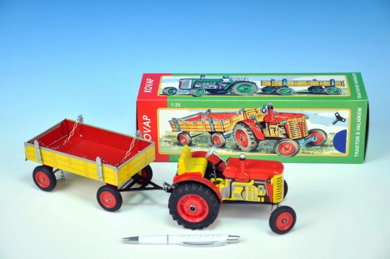 Tracteur Zetor avec remorque à plateau à clé en métal 28 cm KOVAP – Rouge
