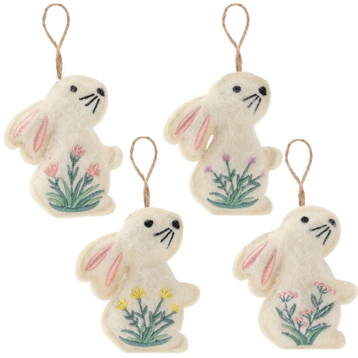 Paashanger konijntje van vilt 6,5 × 9 cm – set van 12 stuks, mix van 4 designs