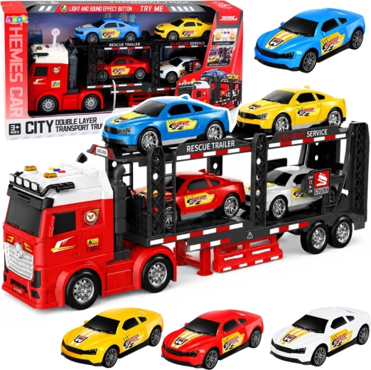 Transporttruck – autotransporter met 4 sportwagens, licht en geluid