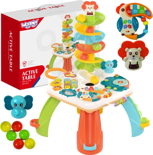 Children's table with a ball slide, keyboard, and gears