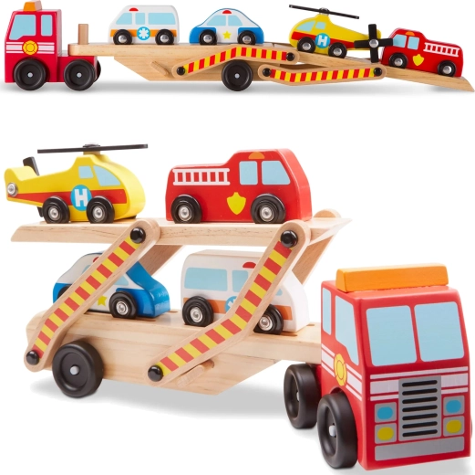 Melissa & Doug transporteur en bois de véhicules de secours avec petites voitures (6 pièces)