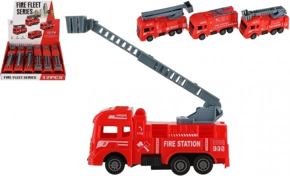 kunststof brandweerauto 11 cm met pullback, 4 soorten, doos 12 stuks