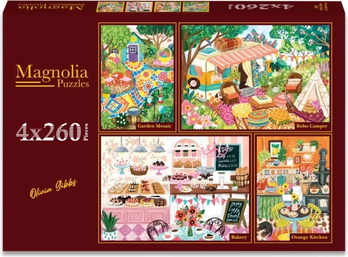 Puzzle Magnolia : mosaïque de jardin, camping, boulangerie et cuisine de campagne 4×260 pièces