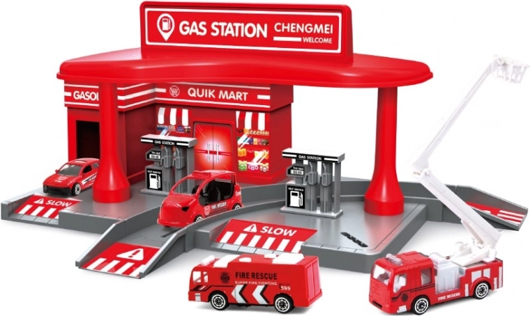 Caserne de pompiers avec 2 petites voitures