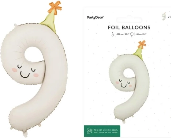 Folieballon cijfer 9 crème met gezicht