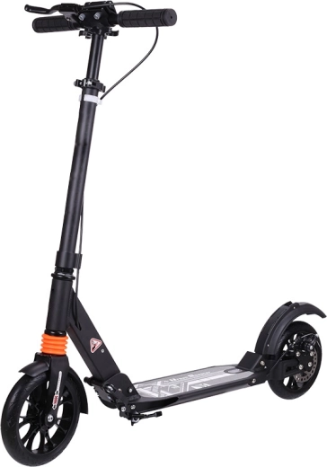 Scooter with disc brake and bottle holder, aluminum, dual suspension