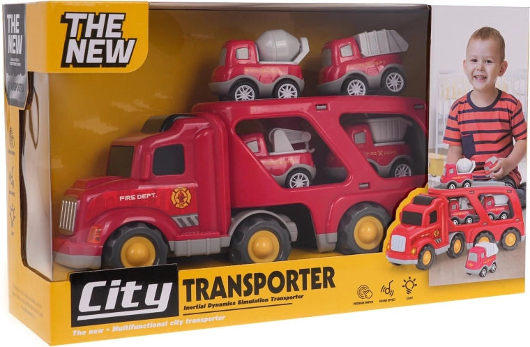 Fire Truck Set with Transporter Truck – Carrier and 4 Cars with Lights and Sounds