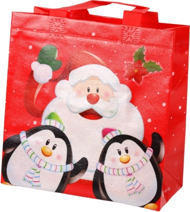 Christmas gift bag with Santa and penguins, red, 22 × 22 × 11 cm