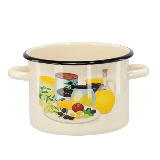 Geëmailleerde pan 3 l, diameter 18 cm, crèmekleurig met olijventhema