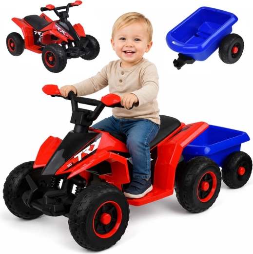 Children's battery-powered electric quad bike with trailer featuring light and sound effects – Red