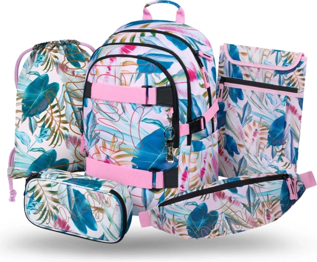 Baagl school set 5 pcs Skate Leafs – backpack, pencil case, PE bag, waist bag and laptop sleeve