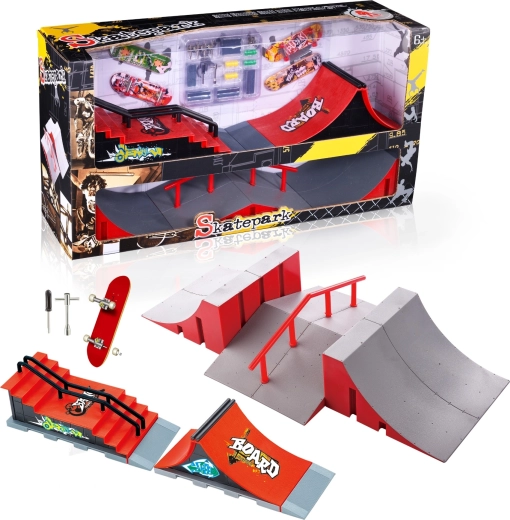 Ensemble skatepark fingerboard XL avec escalier, rambarde et 2 fingerboards