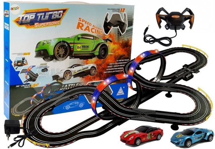 Circuit de course 1:43 avec 2 petites voitures Top Turbo avec lumières, longueur 7,6 m