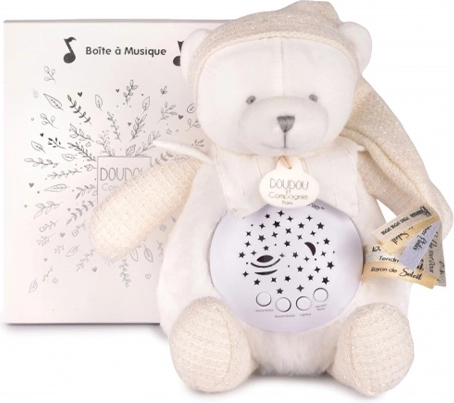 Doudou et Compagnie musical night light with star projection – white teddy bear – gift set