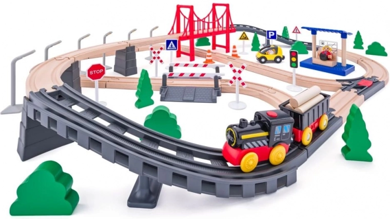 Wooden Train Set with Battery-Powered Locomotive, 80 Pieces