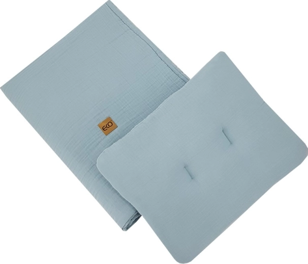 Eko Musselin-Bettset fürs Babybett Blue (Kissen 30 × 40 cm, Decke 75 × 100 cm)