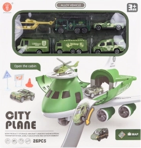 Flugzeug mit ausklappbarer Garage und Militärautos
