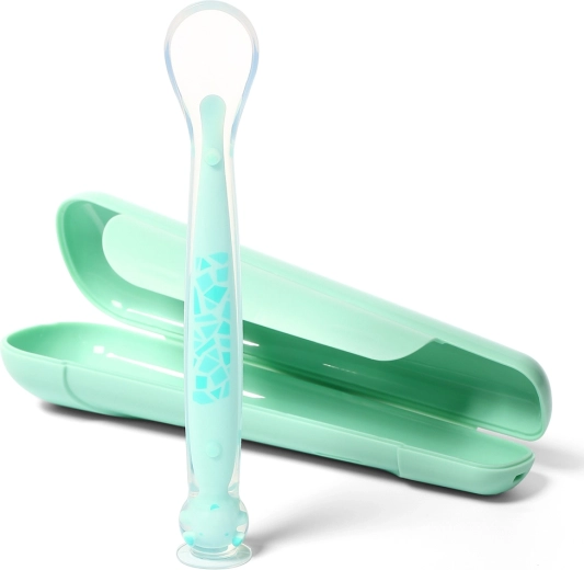 BabyOno silicone spoon with suction cup and travel case, mint, 6m+