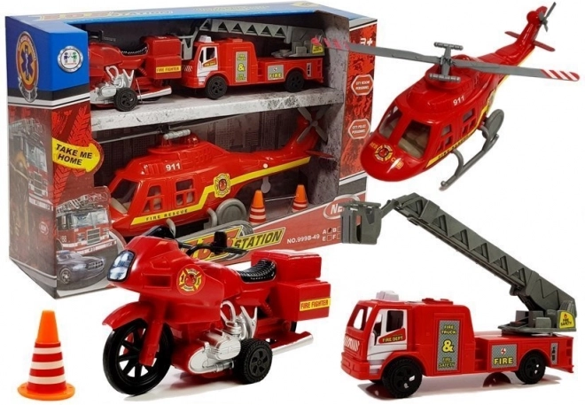 Firefighting vehicle set with helicopter, fire engine and motorcycle with lights and sounds