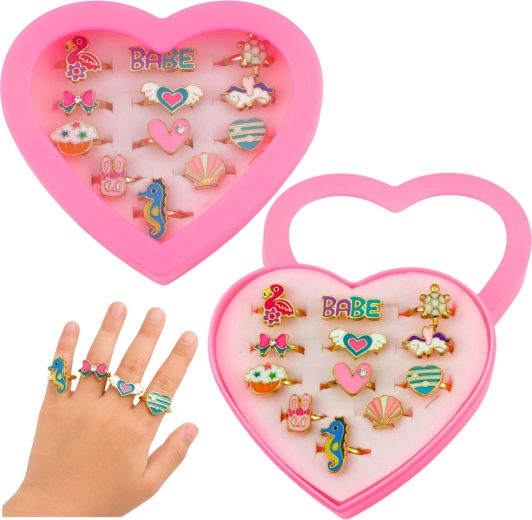 Set verstelbare kinder- ringetjes in hartvormig etui, 12 stuks