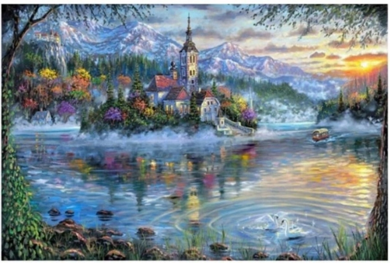 Soothing lake motif with a church and mountains
