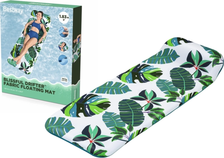 Inflatable water mattress with palm leaf print