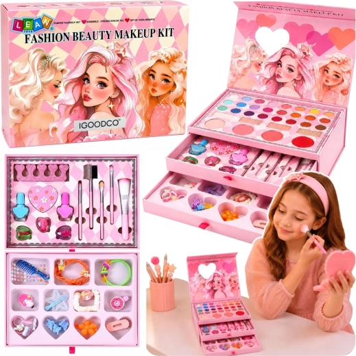 Pink kids’ makeup case – makeup set with mirror and drawers