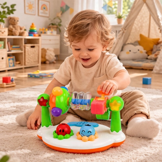 Rattle and rotating elements for fine motor skills