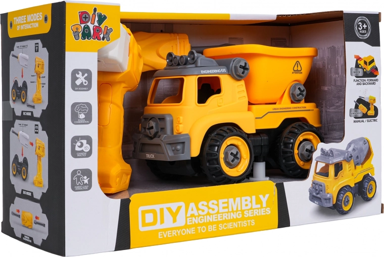 disassemblable construction dump truck with drill and screwdriver