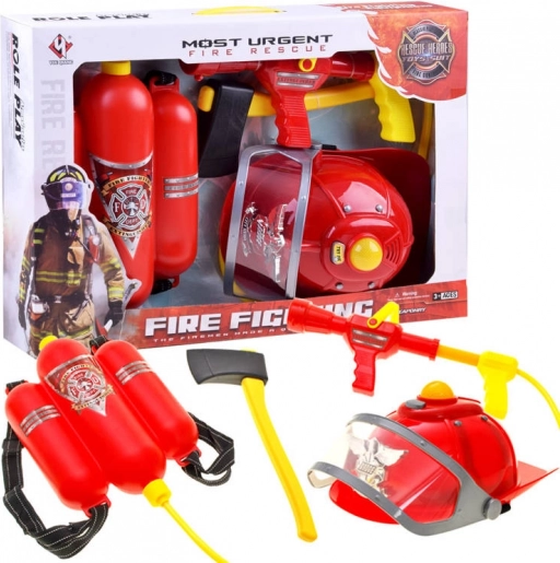 Set de pompier pour enfants avec casque avec lumière et son, sac à eau et accessoires