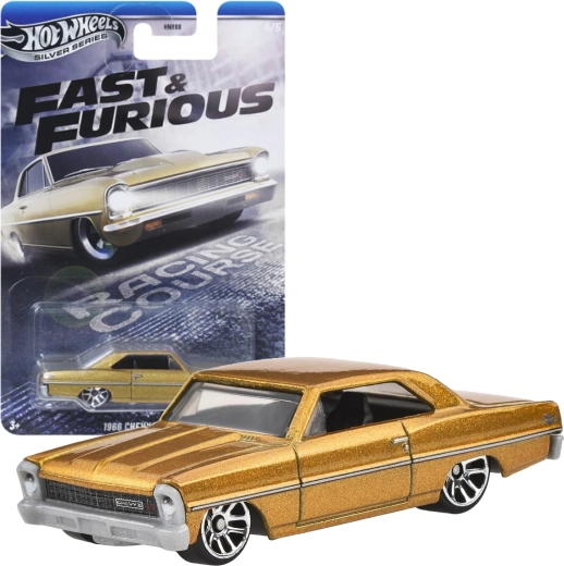 Hot Wheels Fast & Furious 1966 Chevy Nova gold car 1:64, 7.5 cm